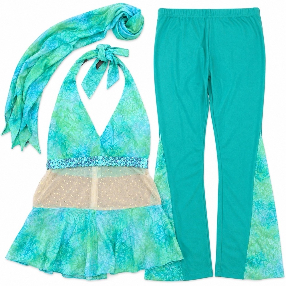 70s Hippie Disco Jazz Lyrical Genie Costume 3 pc Set Teal Blue Green Womens S M